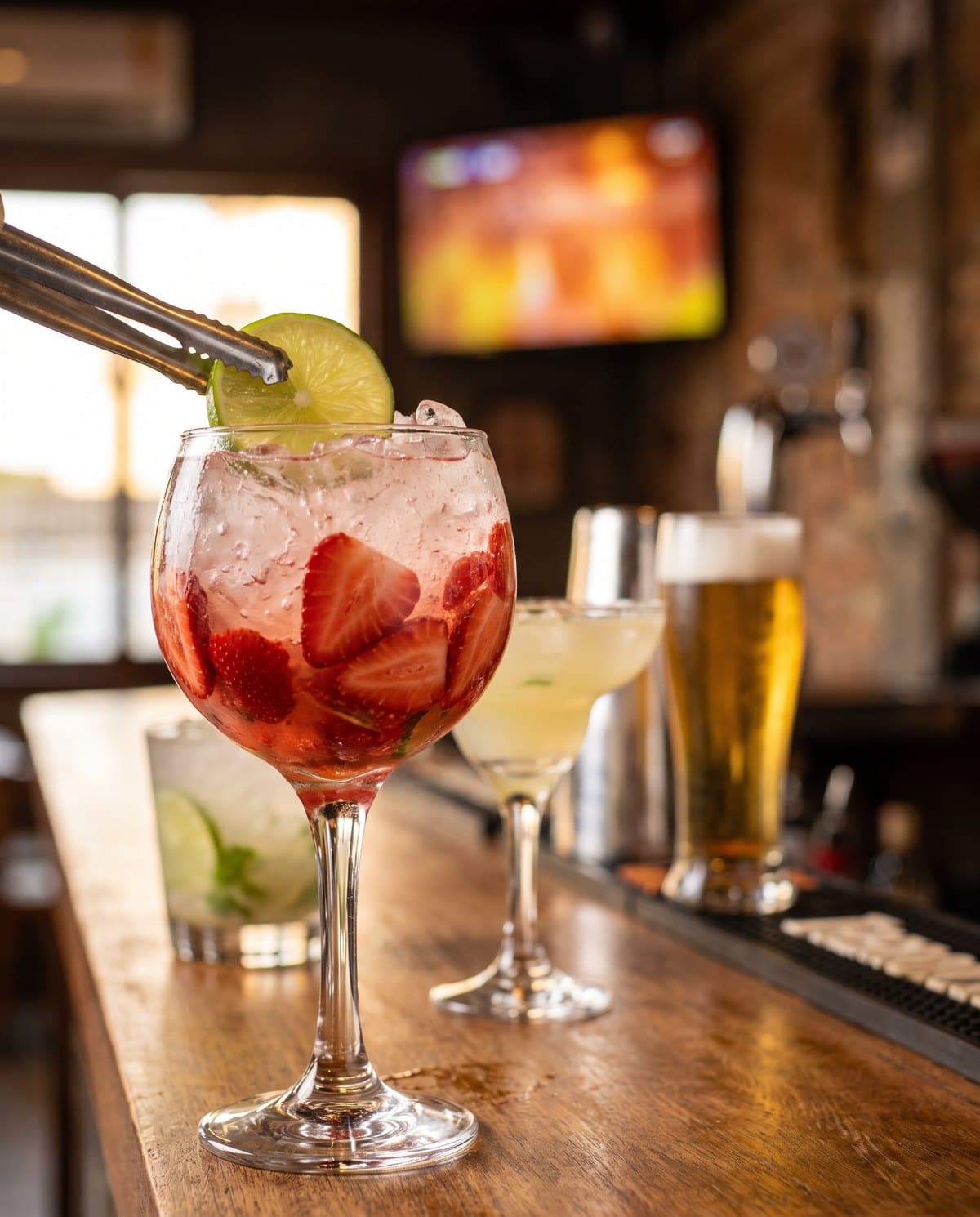 Caipiroska de morango, caipirinha e chopp no balcão, com o telão ao fundo