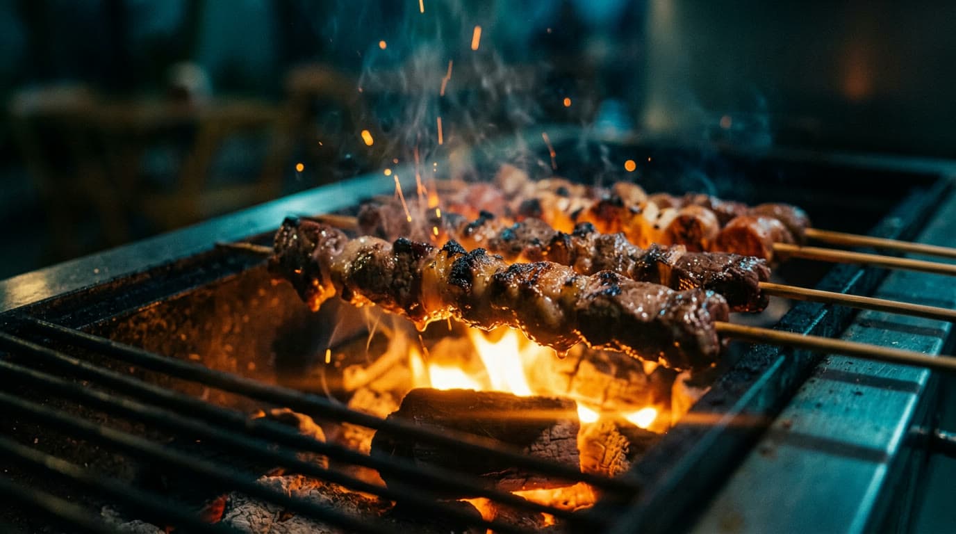 Espetos de carne, linguiça e frango assando na brasa, com faíscas no ar