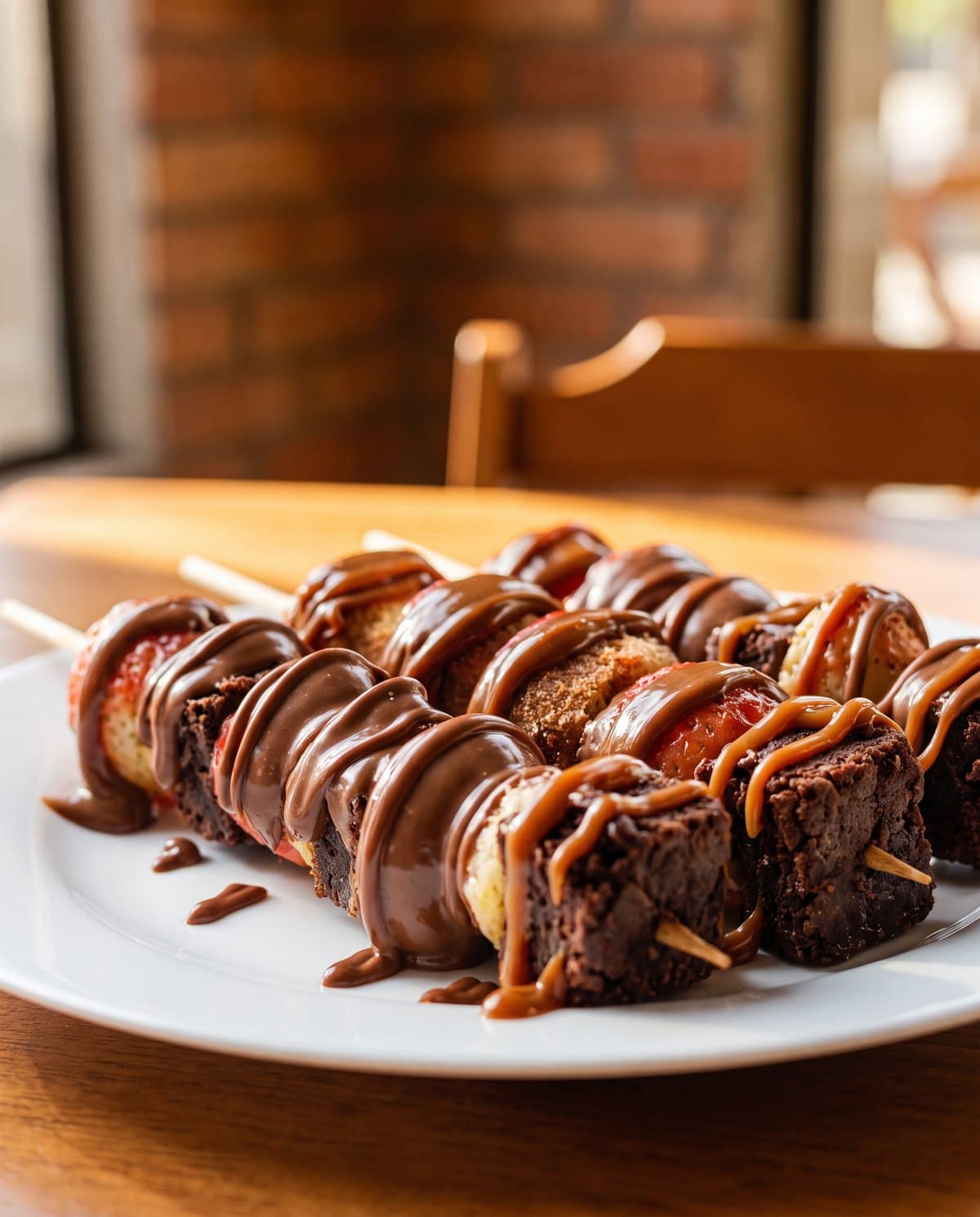 Espetos doces de brownie com calda de chocolate